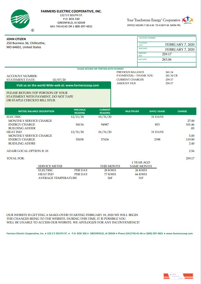 USA Ohio Farmers Electric Cooperative utility bill template in Word and PDF format, version 2